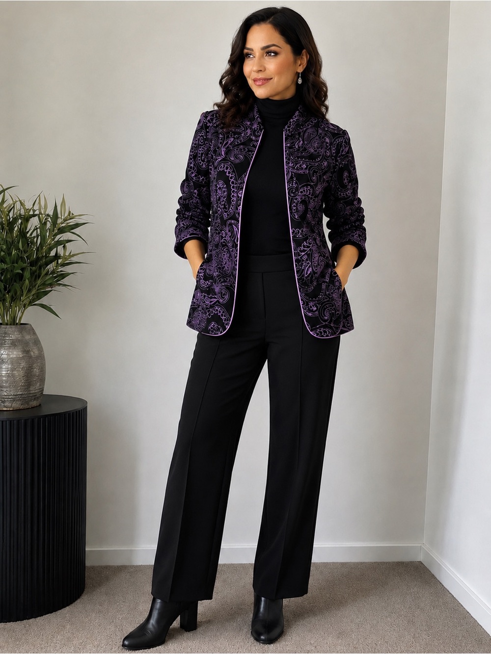 Black Velvet Jacket with Lavender Paisley Trim Alex Evening MP